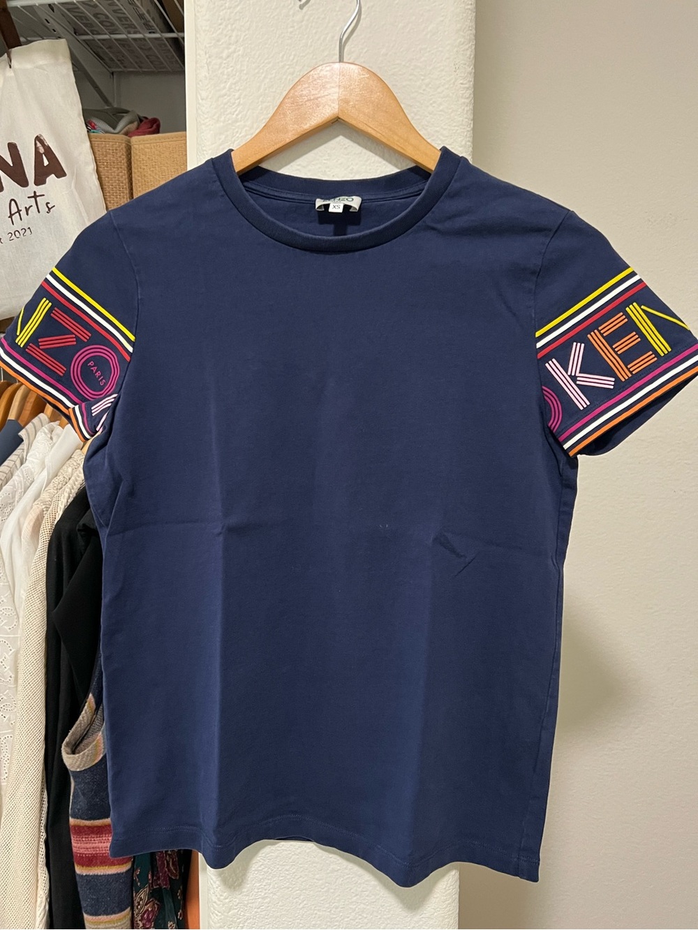 KENZO PARIS Navy Short Sleeve Tee with Colorful Logo Sleeves